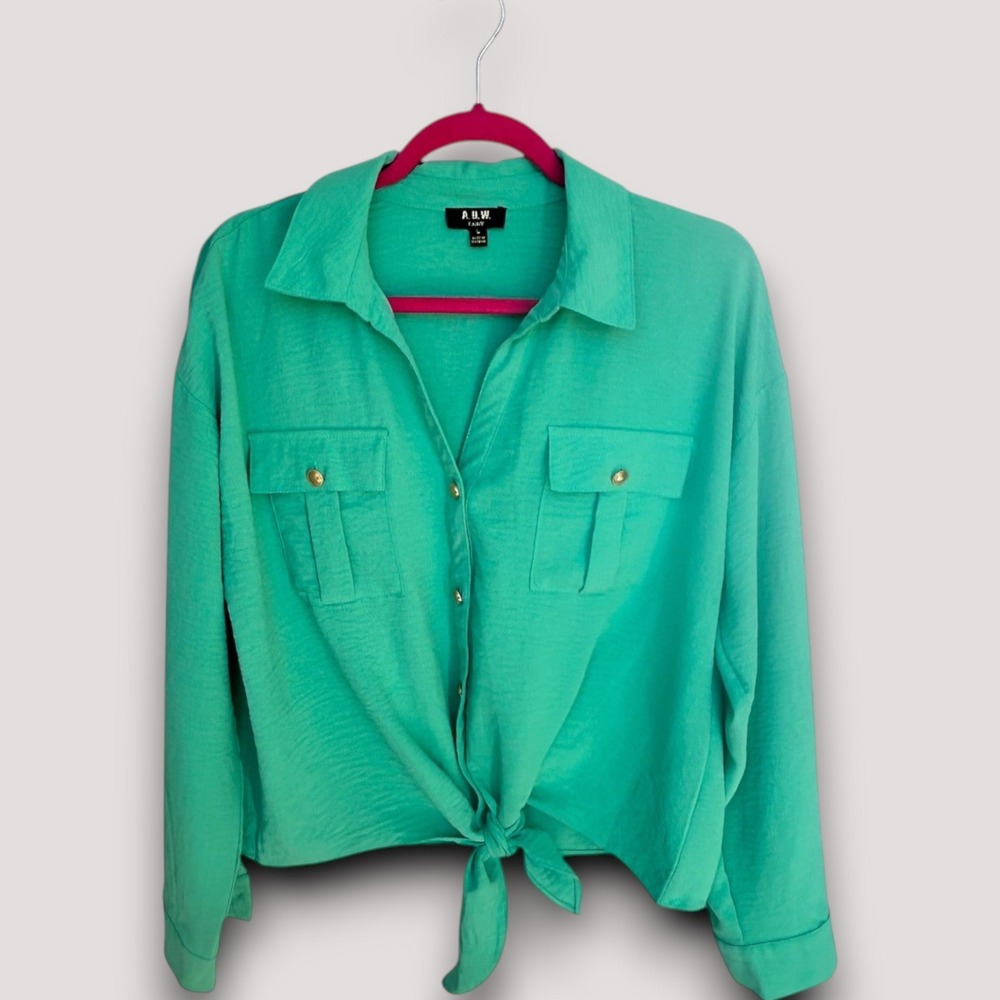 A.U.W. Lainy  Blouse Womens L Green Tie Front Long Sleeve Business Casual Chic